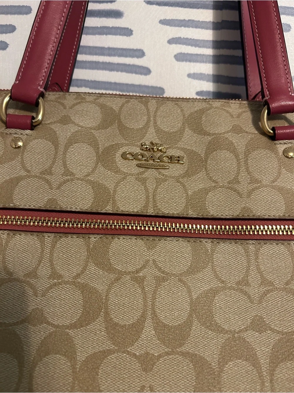 Coach Beige Signature Tote with Coral Pink Leather Trim